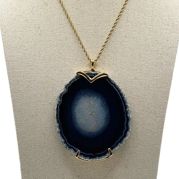 Kenneth Lane Vintage 70s Large Blue Agate Geode Slice Iconic Pendant Necklace - Picture 1 of 7